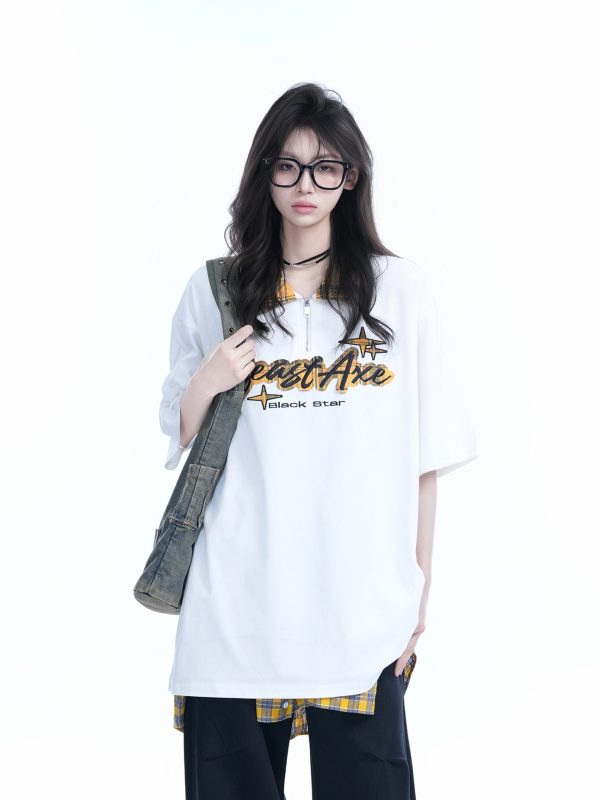 Oversized Loose Plaid Polo T-Shirt for Women - American College Style, Short Sleeve Tee with Casual Comfort and Trendy Design