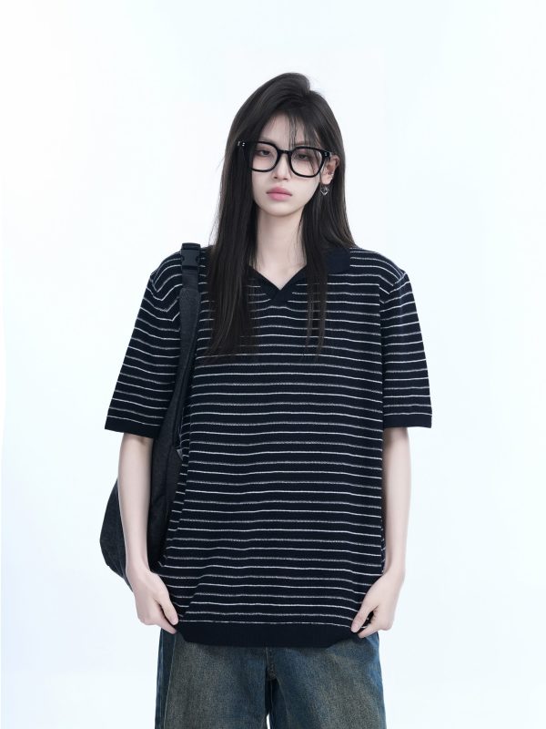 Oversized Retro American-Style Striped Short Sleeve T-Shirt for Women - Heavyweight Casual Fashion Top