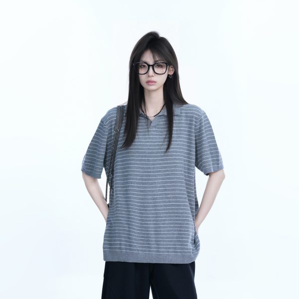 Oversized Retro American-Style Striped Short Sleeve T-Shirt for Women - Heavyweight Casual Fashion Top