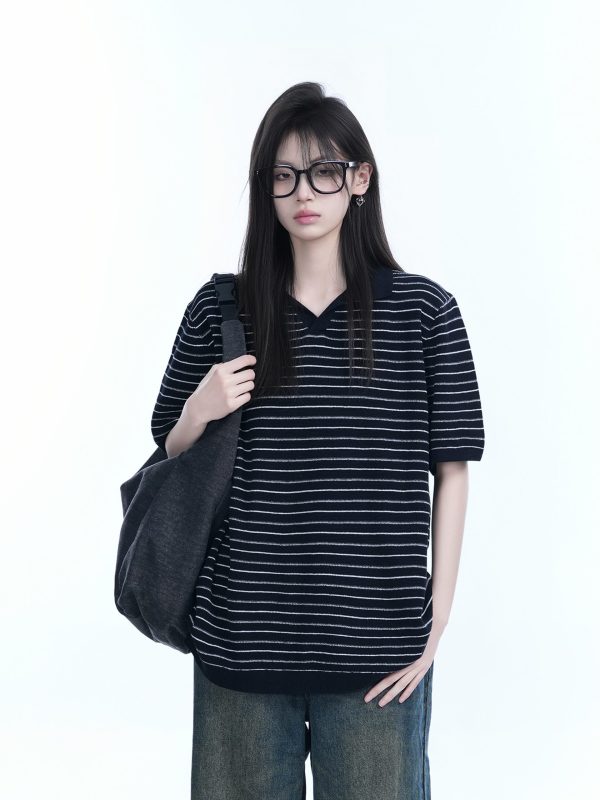 Oversized Retro American-Style Striped Short Sleeve T-Shirt for Women - Heavyweight Casual Fashion Top