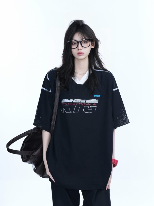 Oversized V-Neck Short Sleeve T-Shirt for Women - American Street Style with Sit and Eat Until the Mountains Are Empty Graphic