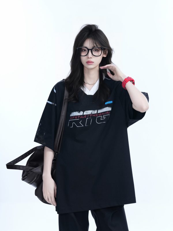 Oversized V-Neck Short Sleeve T-Shirt for Women - American Street Style with Sit and Eat Until the Mountains Are Empty Graphic