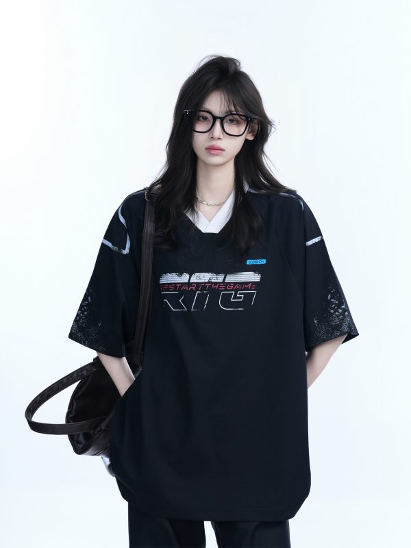 Oversized V-Neck Short Sleeve T-Shirt for Women - American Street Style with Sit and Eat Until the Mountains Are Empty Graphic