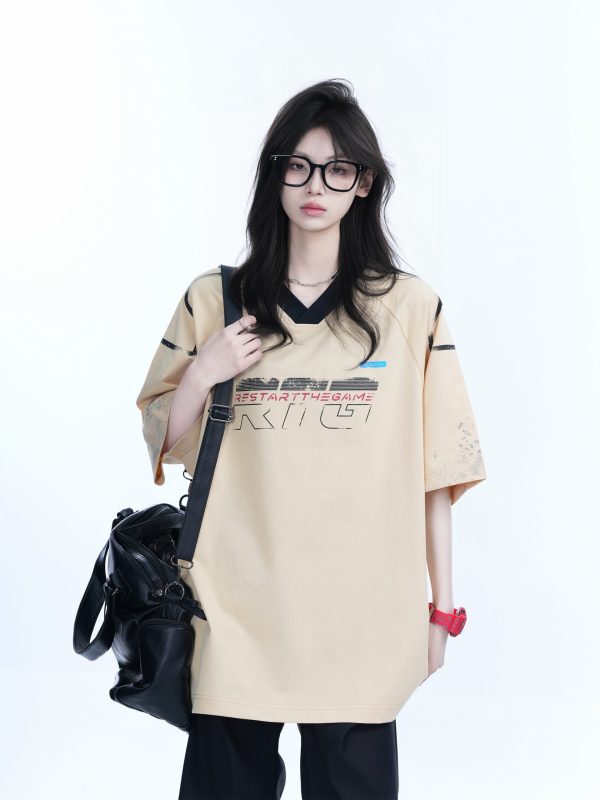 Oversized V-Neck Short Sleeve T-Shirt for Women - American Street Style with Sit and Eat Until the Mountains Are Empty Graphic