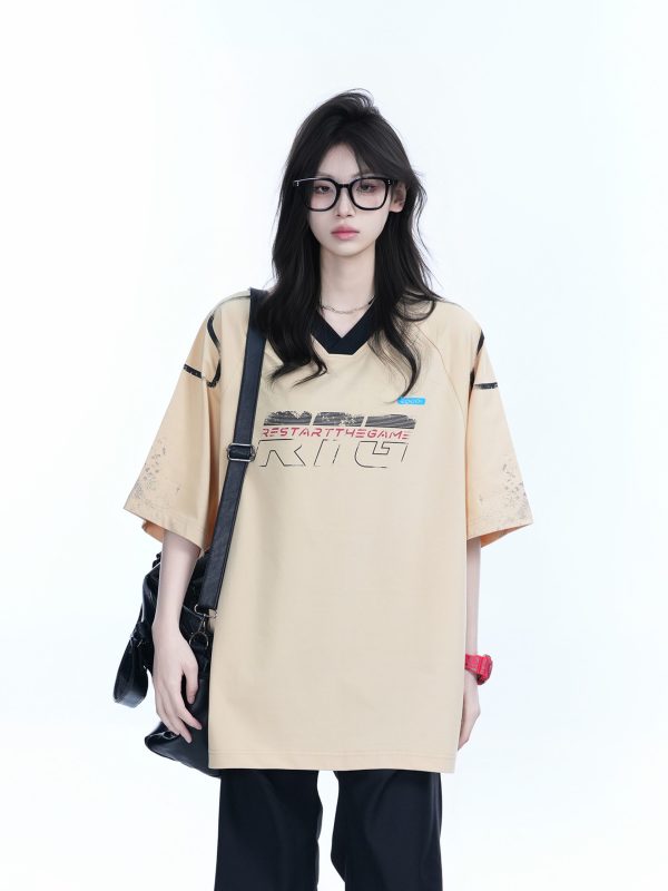 Oversized V-Neck Short Sleeve T-Shirt for Women - American Street Style with Sit and Eat Until the Mountains Are Empty Graphic