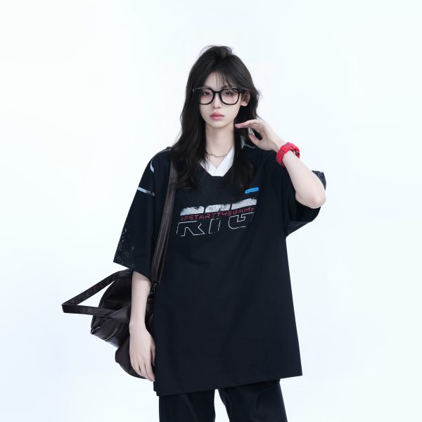 Oversized V-Neck Short Sleeve T-Shirt for Women - American Street Style with Sit and Eat Until the Mountains Are Empty Graphic