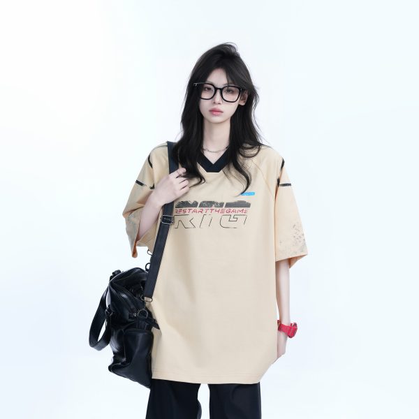 Oversized V-Neck Short Sleeve T-Shirt for Women - American Street Style with Sit and Eat Until the Mountains Are Empty Graphic