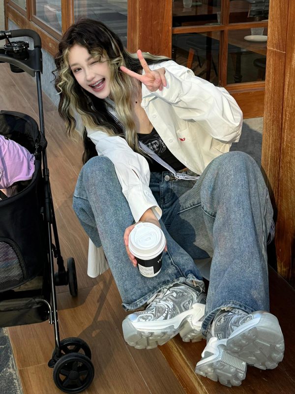 Oversized White Casual Shirt Jacket for Women - Spring Sun Protection, American Street Style, Loose Fit, Lazy Style Fashion Top