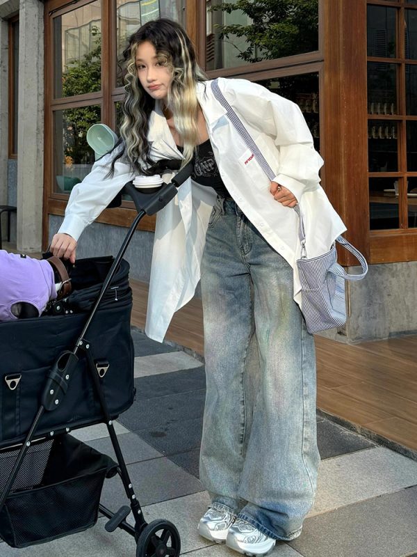 Oversized White Casual Shirt Jacket for Women - Spring Sun Protection, American Street Style, Loose Fit, Lazy Style Fashion Top