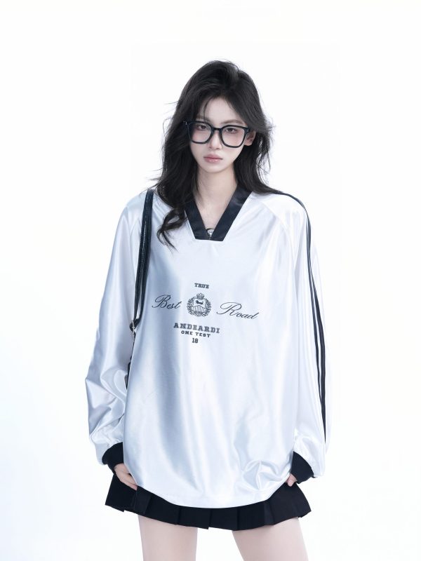 Oversized Women's Color-Blocking Satin Jersey T-Shirt - American Sports Style V-Neck Long Sleeve Trendy Top
