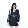 Oversized Women's Color-Blocking Satin Jersey T-Shirt - American Sports Style V-Neck Long Sleeve Trendy Top