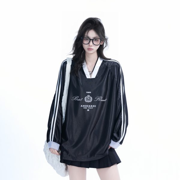 Oversized Women's Color-Blocking Satin Jersey T-Shirt - American Sports Style V-Neck Long Sleeve Trendy Top