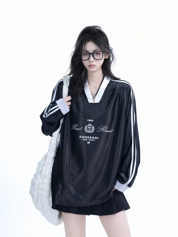 Oversized Women's Color-Blocking Satin Jersey T-Shirt - American Sports Style V-Neck Long Sleeve Trendy Top