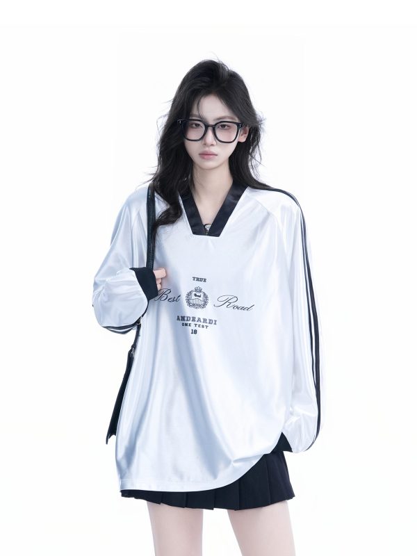 Oversized Women's Color-Blocking Satin Jersey T-Shirt - American Sports Style V-Neck Long Sleeve Trendy Top
