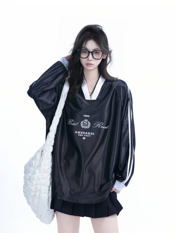 Oversized Women's Color-Blocking Satin Jersey T-Shirt - American Sports Style V-Neck Long Sleeve Trendy Top