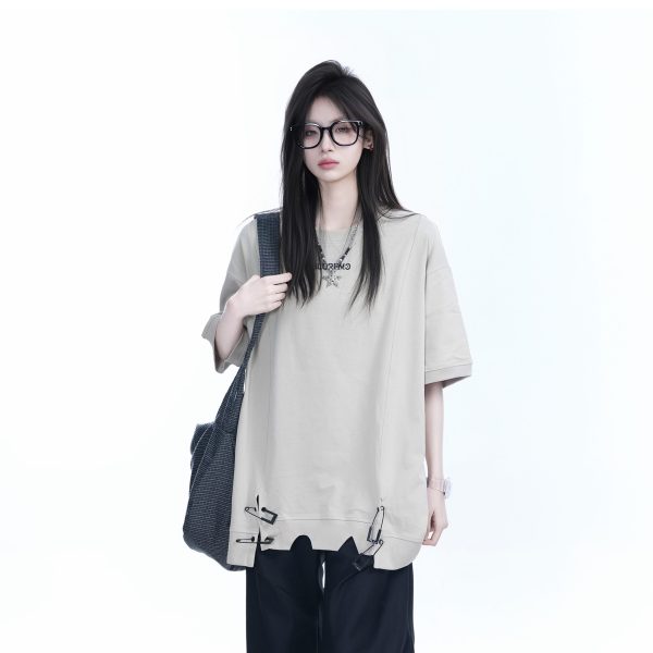 Oversized Women's Short Sleeve T-Shirt with American High Street Pin Design - Trendy Loose Fit, Casual Style for Everyday Wear