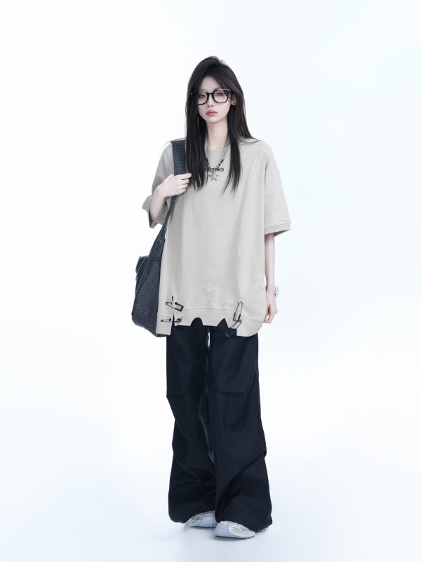Oversized Women's Short Sleeve T-Shirt with American High Street Pin Design - Trendy Loose Fit, Casual Style for Everyday Wear