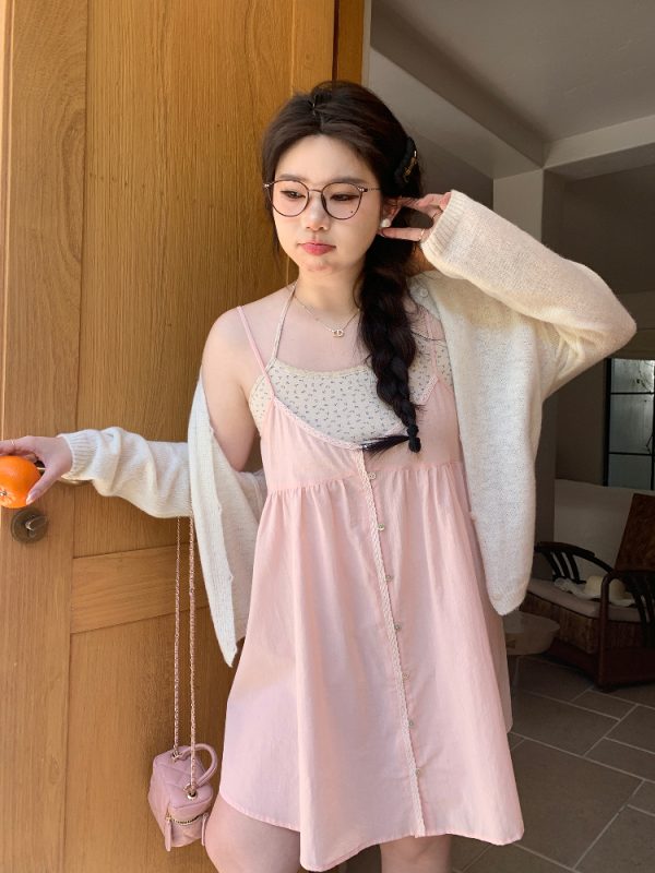 Peach Milk Polka Dot Halter Neck Camisole Dress - Sheer Layered Design, Cute Pink Color, Trendy Y2K Style