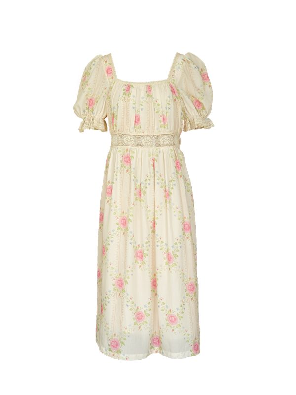 Peach Rose Retro Romantic Square Neck Dress with Puff Sleeves - Women's Summer Waist-Defined Lace Long Dress for 90s Y2K Style