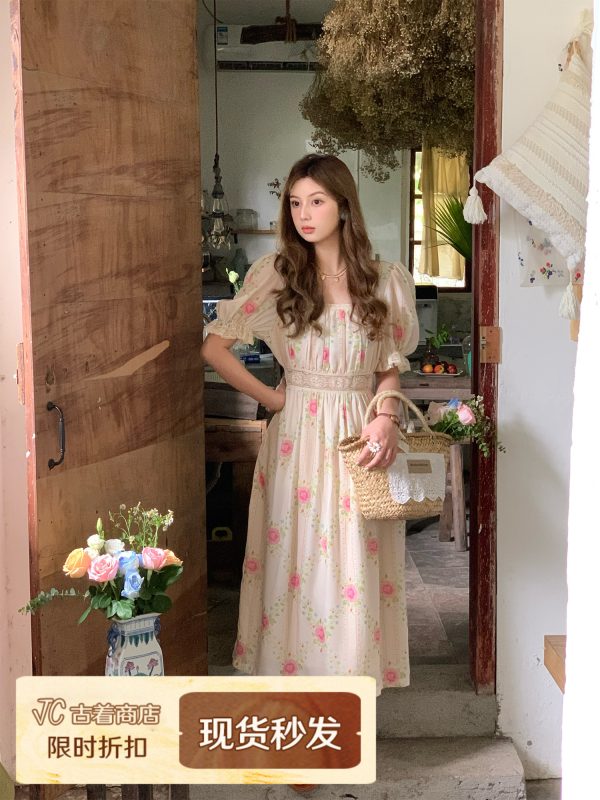 Peach Rose Retro Romantic Square Neck Dress with Puff Sleeves - Women's Summer Waist-Defined Lace Long Dress for 90s Y2K Style