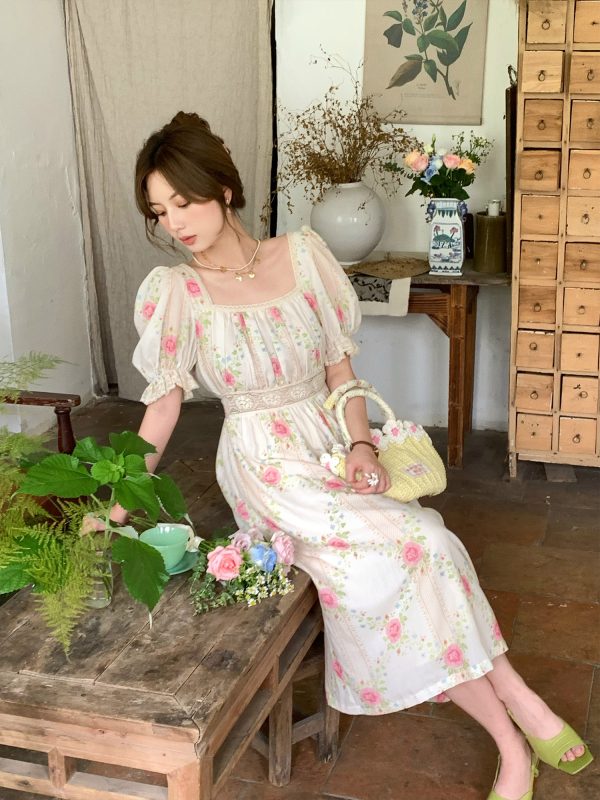 Peach Rose Retro Romantic Square Neck Dress with Puff Sleeves - Women's Summer Waist-Defined Lace Long Dress for 90s Y2K Style