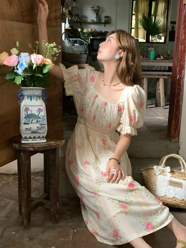 Peach Rose Retro Romantic Square Neck Dress with Puff Sleeves - Women's Summer Waist-Defined Lace Long Dress for 90s Y2K Style