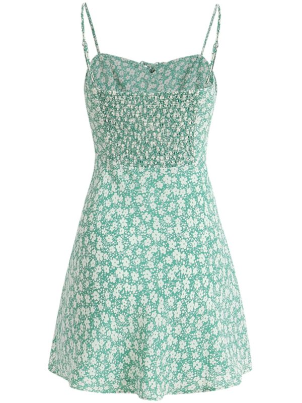 Petite Floral Green Summer Dress for Women - French Style Vacation Dress, Slimming Design for 2025