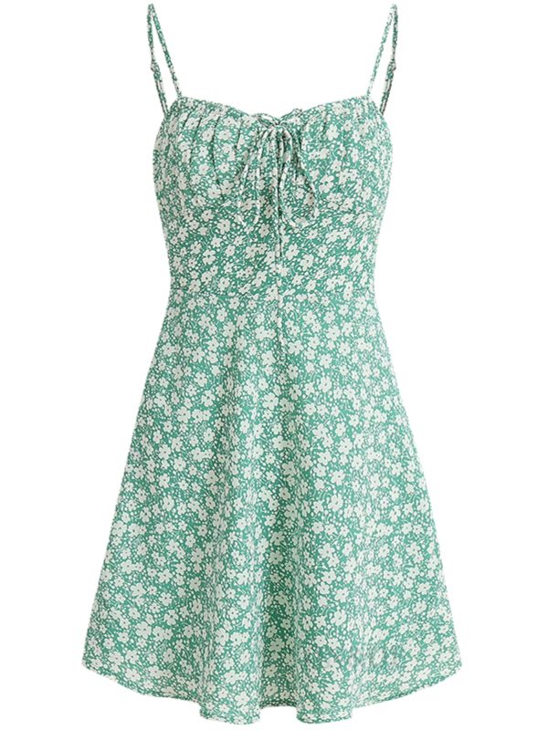 Petite Floral Green Summer Dress for Women - French Style Vacation Dress, Slimming Design for 2025