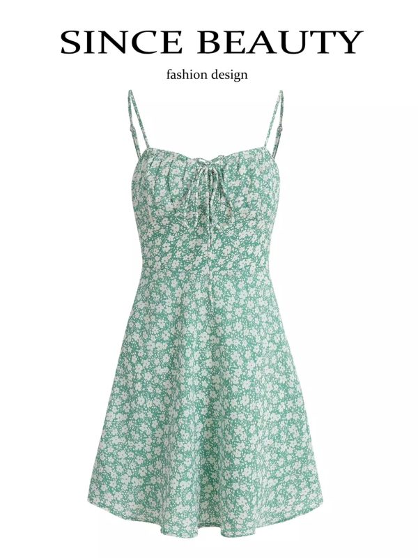 Petite Floral Green Summer Dress for Women - French Style Vacation Dress, Slimming Design for 2025