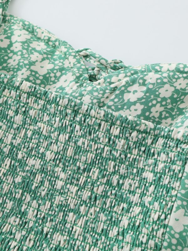 Petite Floral Green Summer Dress for Women - French Style Vacation Dress, Slimming Design for 2025