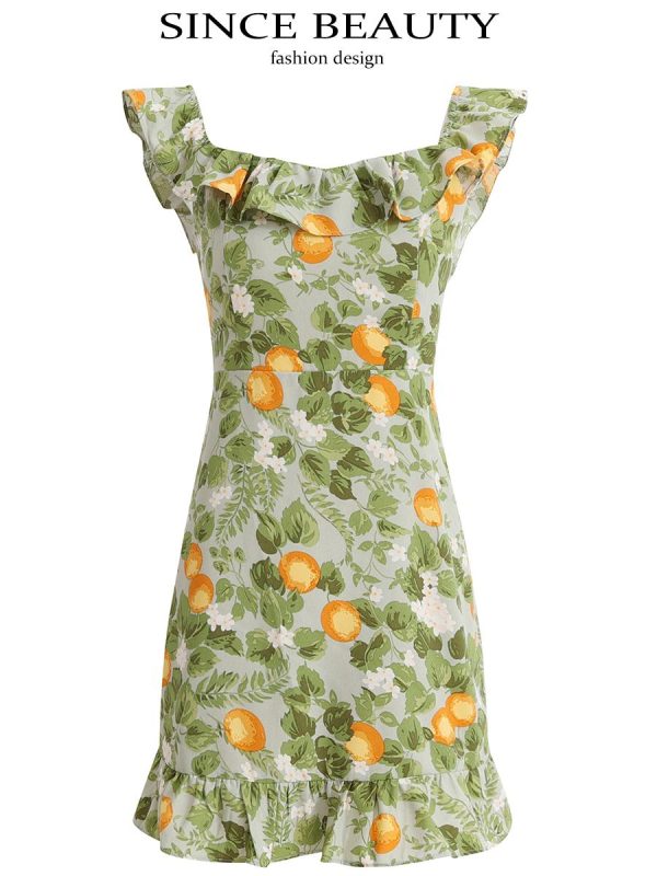 Petite Green Ruffled French-Style Vacation Dress 2025 Summer Collection for Women