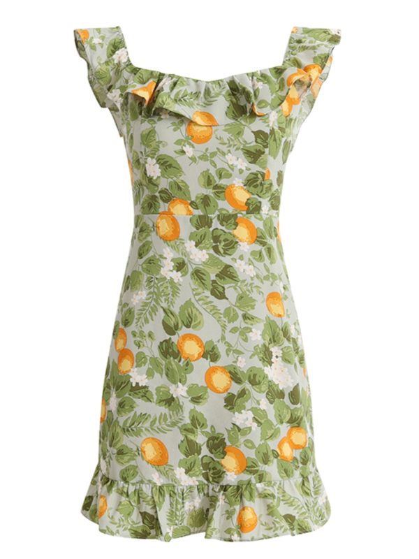 Petite Green Ruffled French-Style Vacation Dress 2025 Summer Collection for Women