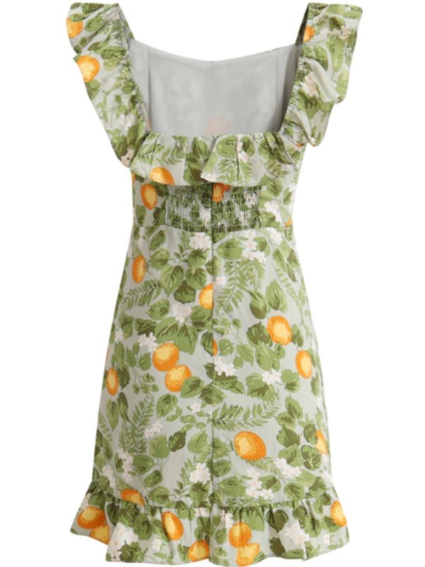 Petite Green Ruffled French-Style Vacation Dress 2025 Summer Collection for Women