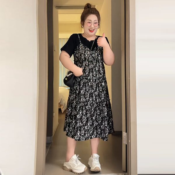 Petite Plus-Size Slimming Loose-Fitting Summer Dress, French Hepburn Style Faux Two-Piece for Curvy Women