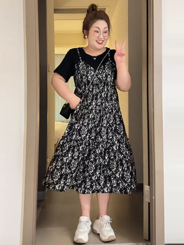 Petite Plus-Size Slimming Loose-Fitting Summer Dress, French Hepburn Style Faux Two-Piece for Curvy Women