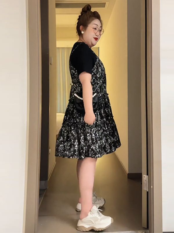 Petite Plus-Size Slimming Loose-Fitting Summer Dress, French Hepburn Style Faux Two-Piece for Curvy Women