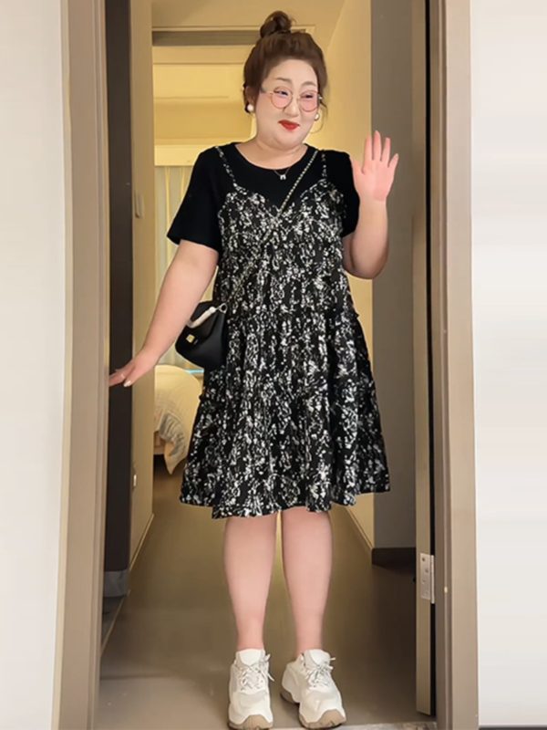 Petite Plus-Size Slimming Loose-Fitting Summer Dress, French Hepburn Style Faux Two-Piece for Curvy Women
