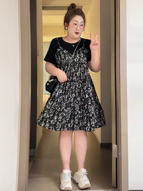 Petite Plus-Size Slimming Loose-Fitting Summer Dress, French Hepburn Style Faux Two-Piece for Curvy Women