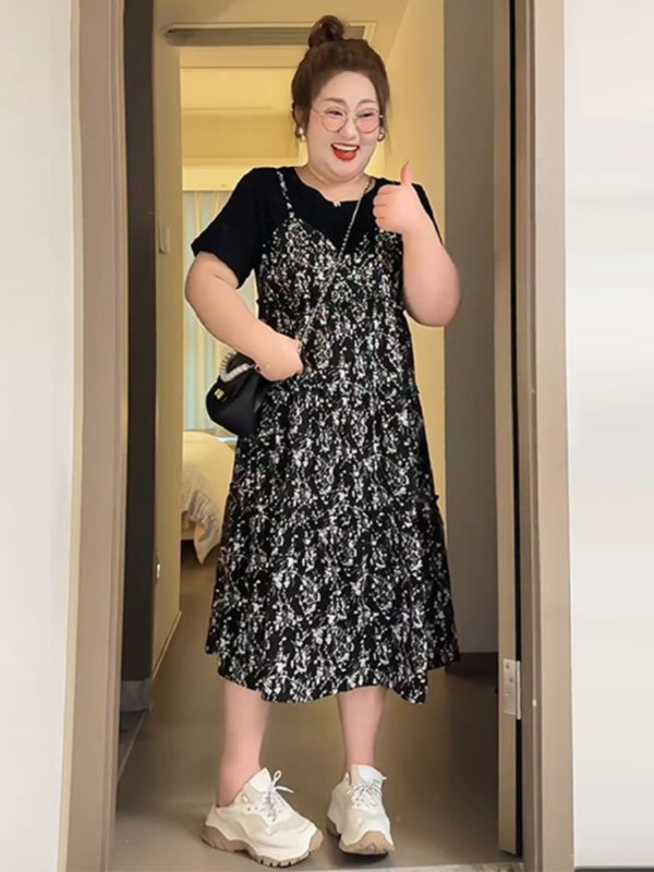 Petite Plus-Size Slimming Loose-Fitting Summer Dress, French Hepburn Style Faux Two-Piece for Curvy Women