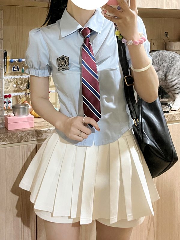 Petite Puff Sleeve JK Uniform Set with Waist-Defined Short Sleeve Shirt and Pudding Bear Design for Summer Womenâ€™s Fashion