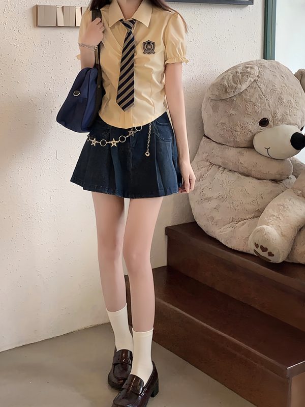 Petite Puff Sleeve JK Uniform Set with Waist-Defined Short Sleeve Shirt and Pudding Bear Design for Summer Womenâ€™s Fashion