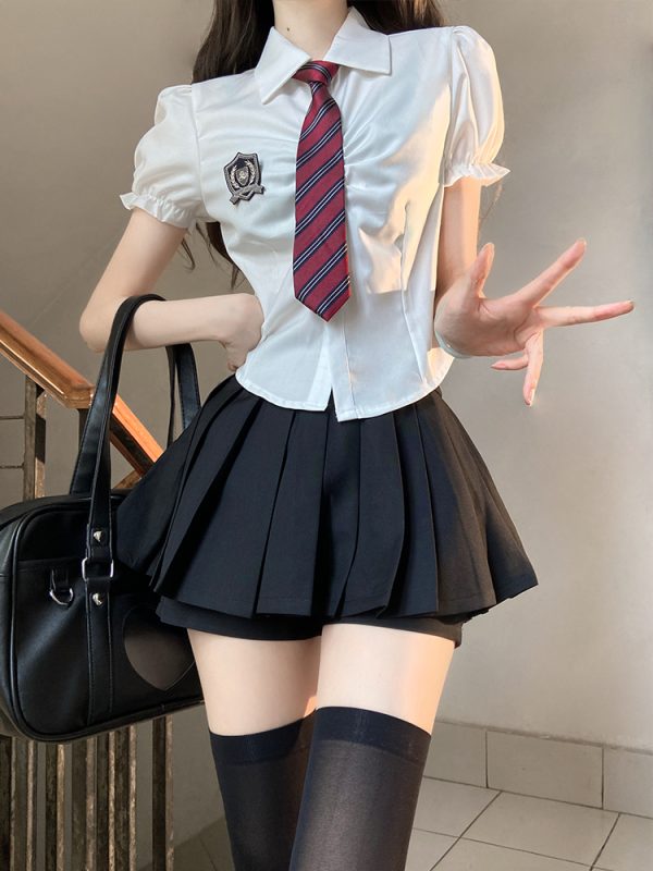 Petite Puff Sleeve JK Uniform Set with Waist-Defined Short Sleeve Shirt and Pudding Bear Design for Summer Womenâ€™s Fashion