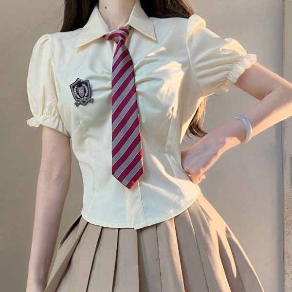 Petite Puff Sleeve JK Uniform Set with Waist-Defined Short Sleeve Shirt and Pudding Bear Design for Summer Womenâ€™s Fashion