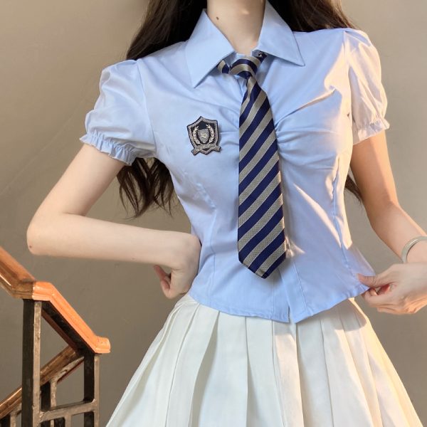 Petite Puff Sleeve JK Uniform Set with Waist-Defined Short Sleeve Shirt and Pudding Bear Design for Summer Womenâ€™s Fashion