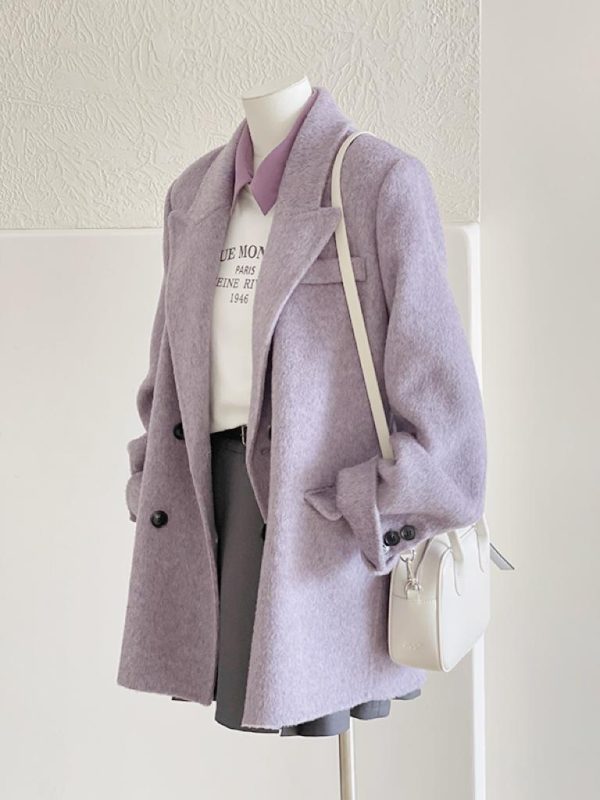 Petite Short Purple Wool Coat for Women - High-End Autumn Winter 2024 Style