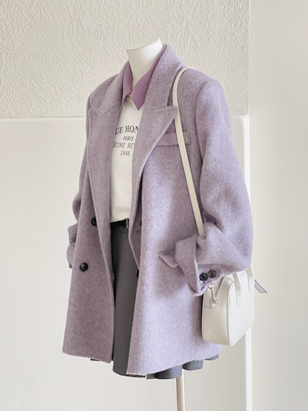 Petite Short Purple Wool Coat for Women - High-End Autumn Winter 2024 Style
