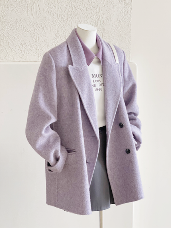 Petite Short Purple Wool Coat for Women - High-End Autumn Winter 2024 Style