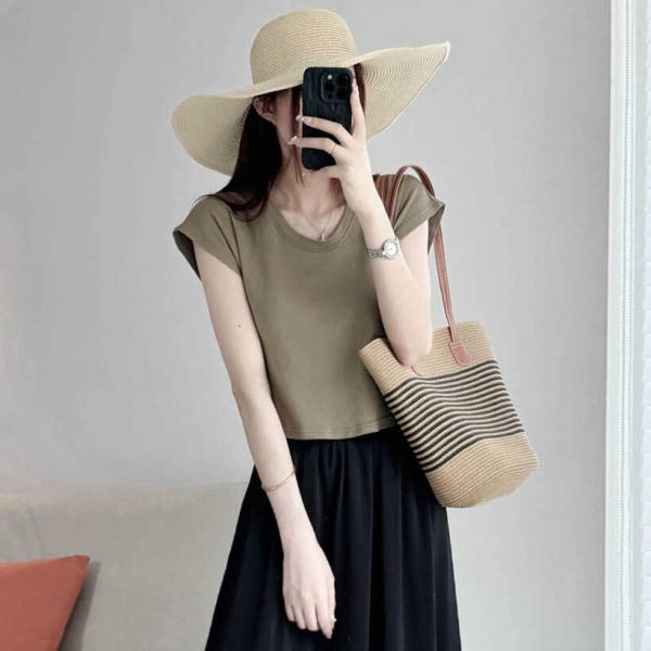 Petite U-Neck Cotton T-Shirt with Flutter Sleeves - Comfortable Summer 2025 Short Sleeve Top in Lazy Style for Casual Looks