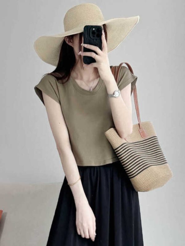 Petite U-Neck Cotton T-Shirt with Flutter Sleeves - Comfortable Summer 2025 Short Sleeve Top in Lazy Style for Casual Looks