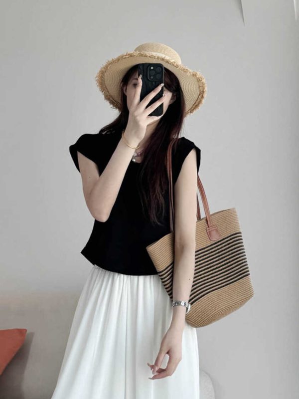 Petite U-Neck Cotton T-Shirt with Flutter Sleeves - Comfortable Summer 2025 Short Sleeve Top in Lazy Style for Casual Looks